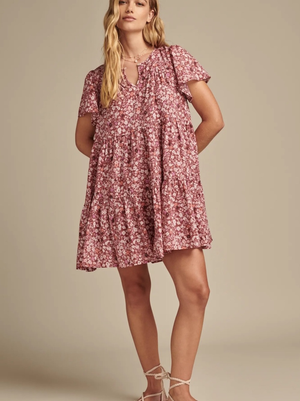 Lucky Brand Floral Short Sleeve Babydoll Mini Dress - Mauve Multi